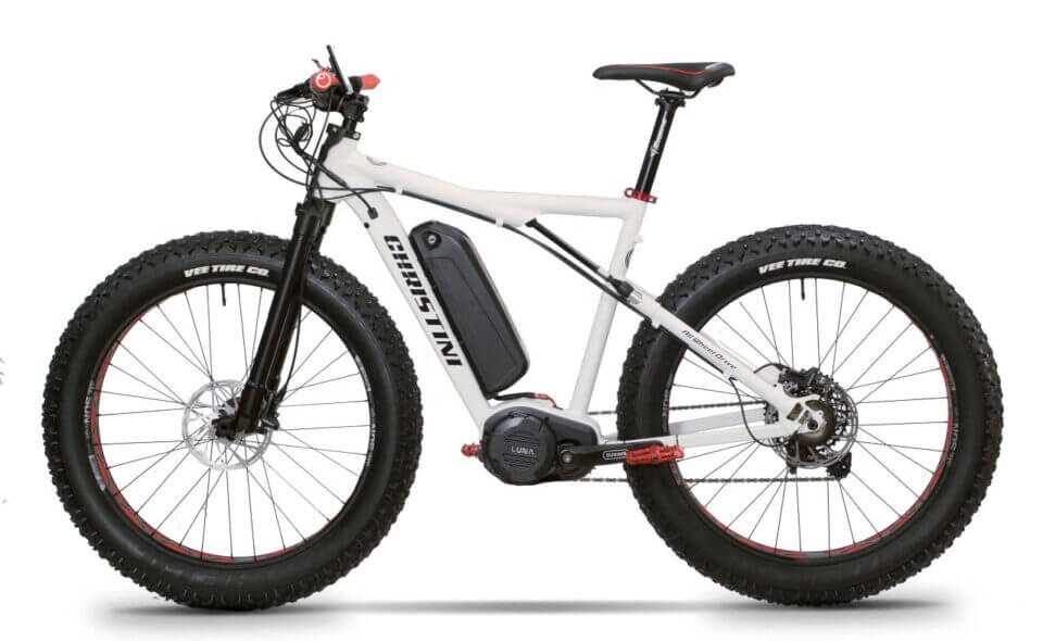CHRISTINI AWD Fat E-5 in custom White and Red, left two-wheel drive hunting e-bike