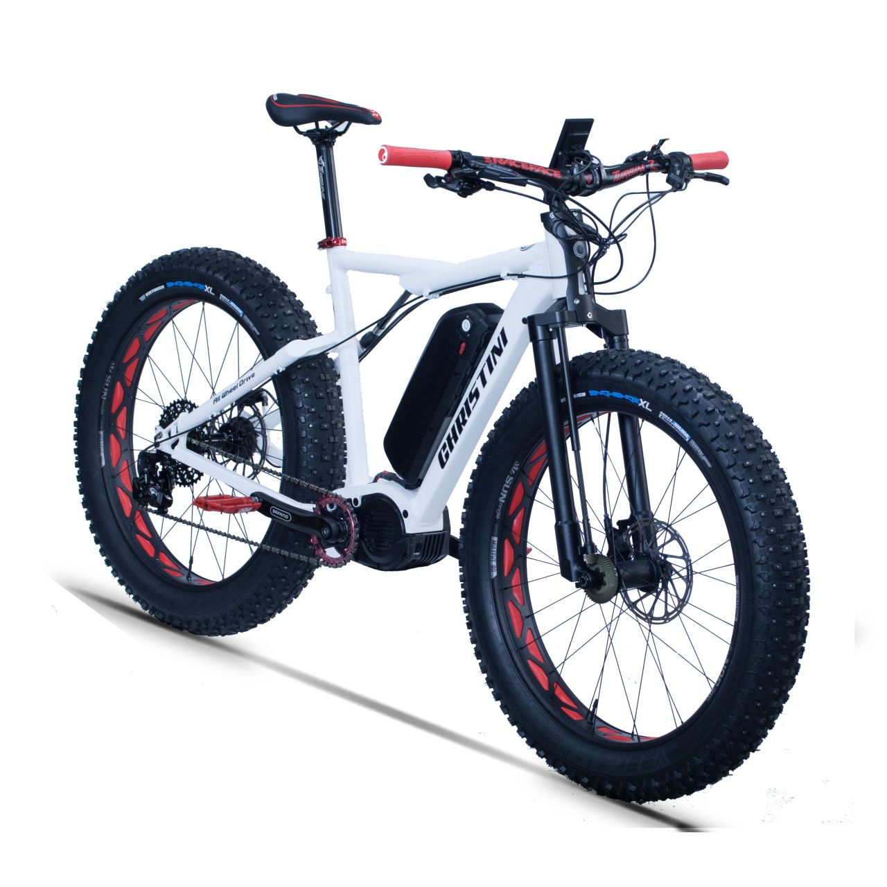 CHRISTINI AWD Fat E-5 in custom White and Red, right two-wheel drive hunting e-bike