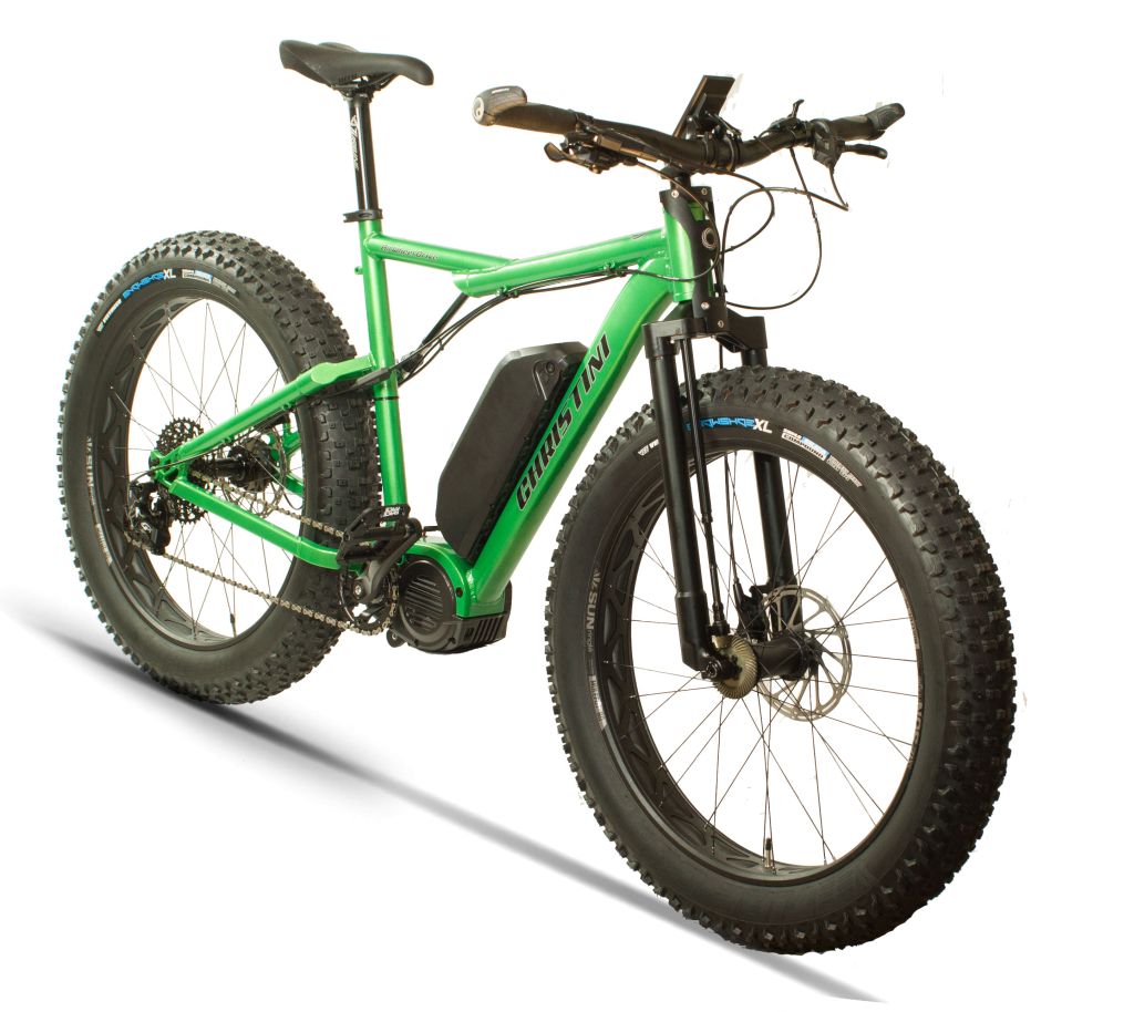 CHRISTINI AWD Fat E-5 in custom Candy Apple Green, right angle two-wheel drive hunting e-bike