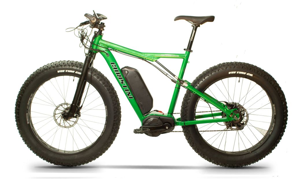 CHRISTINI AWD Fat E-5 in custom Candy Apple Green two-wheel drive hunting e-bike