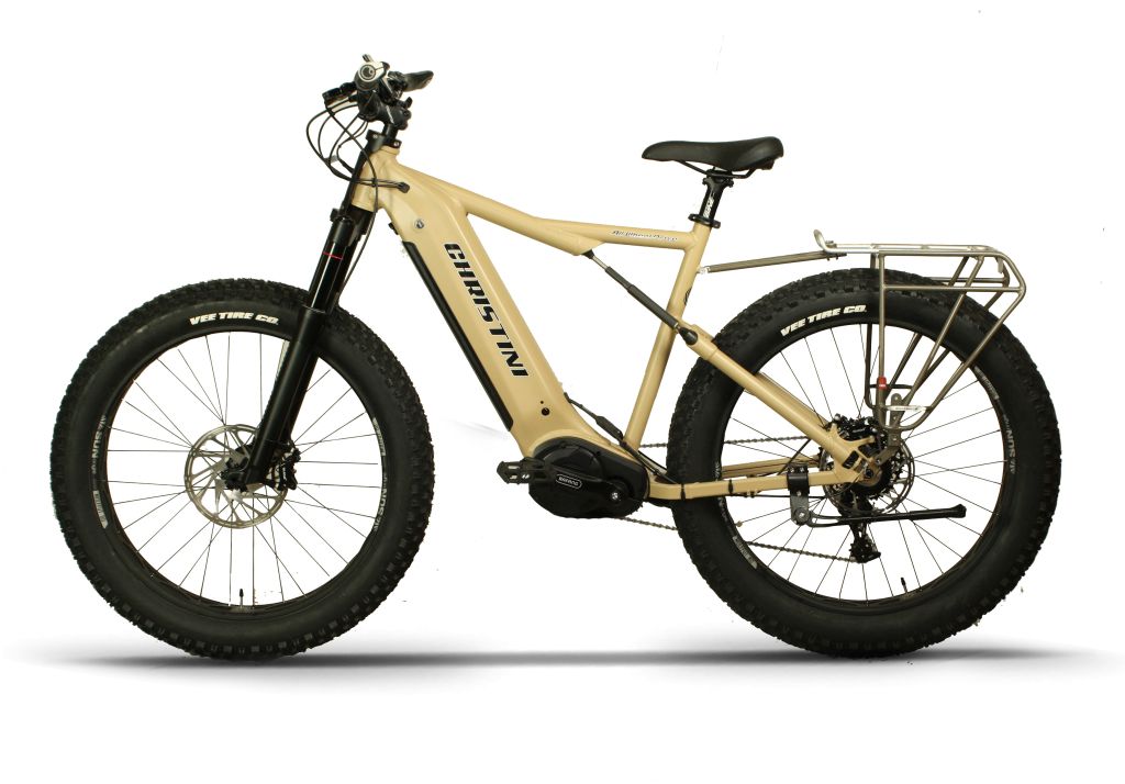 CHRISTINI AWD Fat E-5 i Ultra Tan, left side two-wheel drive hunting e-bike