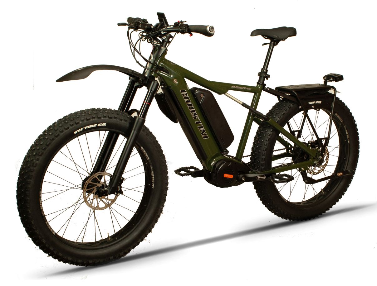CHRISTINI AWD Fat E-5 i in custom Army Green with dual batteries two-wheel drive hunting e-bike
